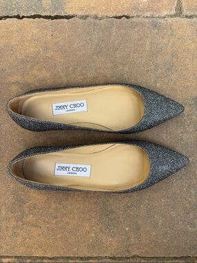 Jimmy Choo Women's Pointed Glitter Flats in Charcoal Black